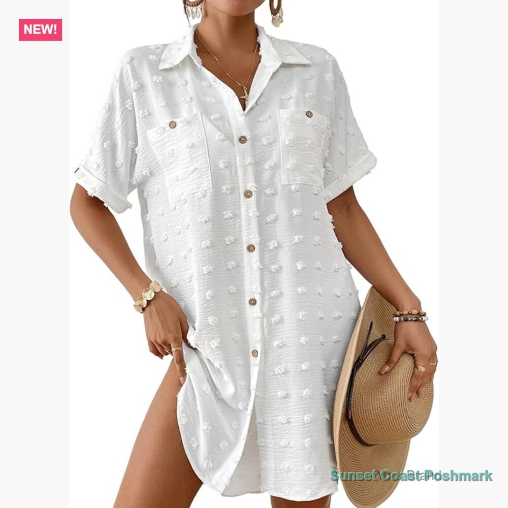 Swiss Dot Smocked Shirt Cover Up Beach Resort Wear